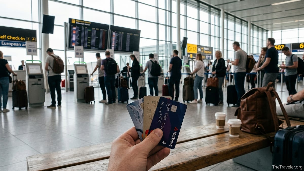 UK traveller holding several travel credit cards, including a NatWest card, in a busy European airport departure hall.