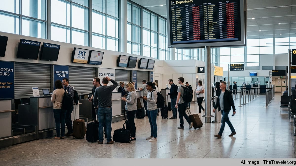 Travellers at a UK airport looking at a departure board showing multiple cancelled flights.