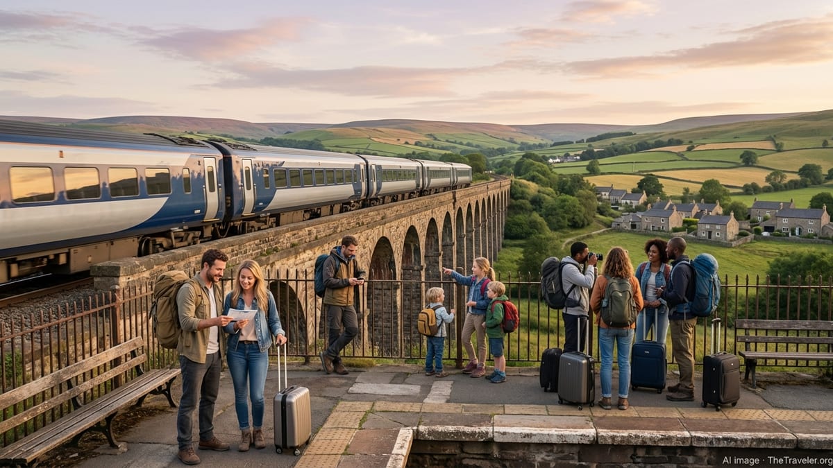 Travelers waiting on a UK station platform as a train crosses a viaduct at sunset