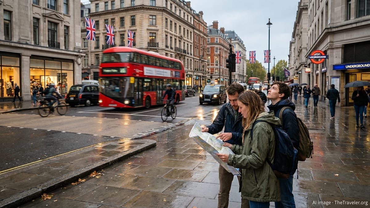 Travellers watch traffic and check a map on a wet London street at dusk