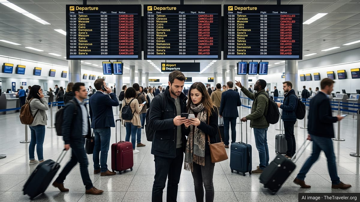 Travellers at a London airport studying departure boards filled with cancelled and delayed international flights.