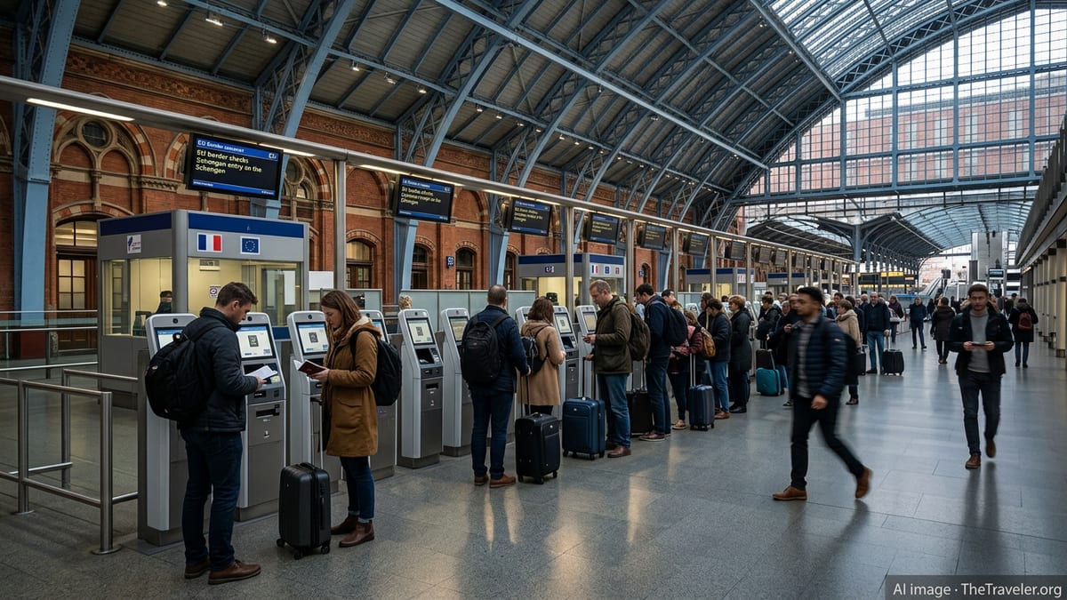 British travellers queue at biometric border kiosks for Schengen entry at London St Pancras station.
