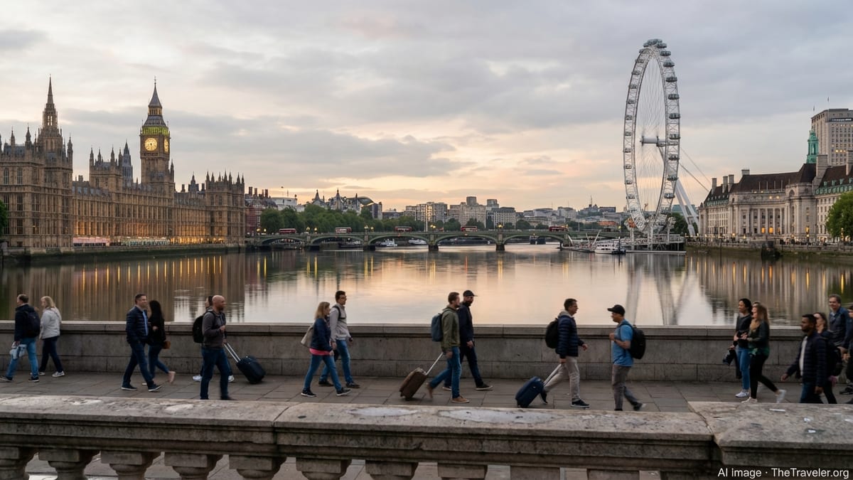 Early evening view of London’s Thames riverfront with Parliament, London Eye, and walking tourists.