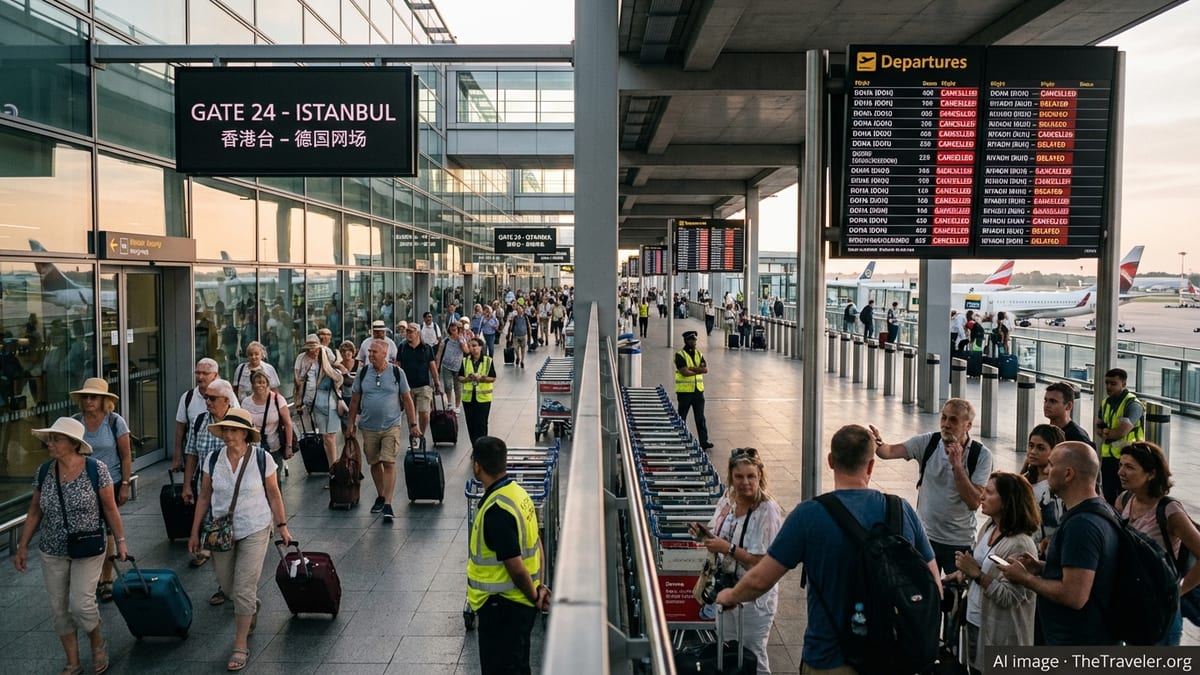 Travellers at a UK airport checking boards showing disrupted flights to Middle Eastern destinations.