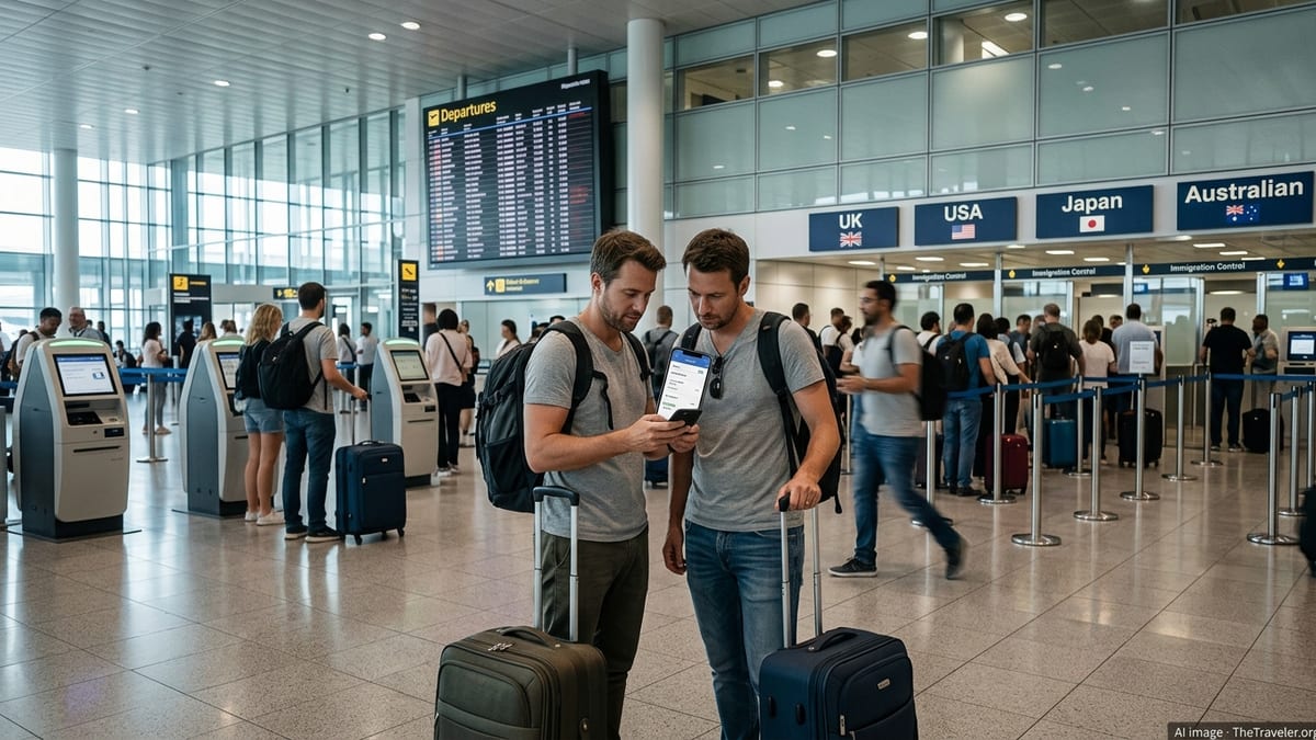 Travelers at an airport departures hall checking visa payment on a phone near UK, US, Japan and Australia signs.