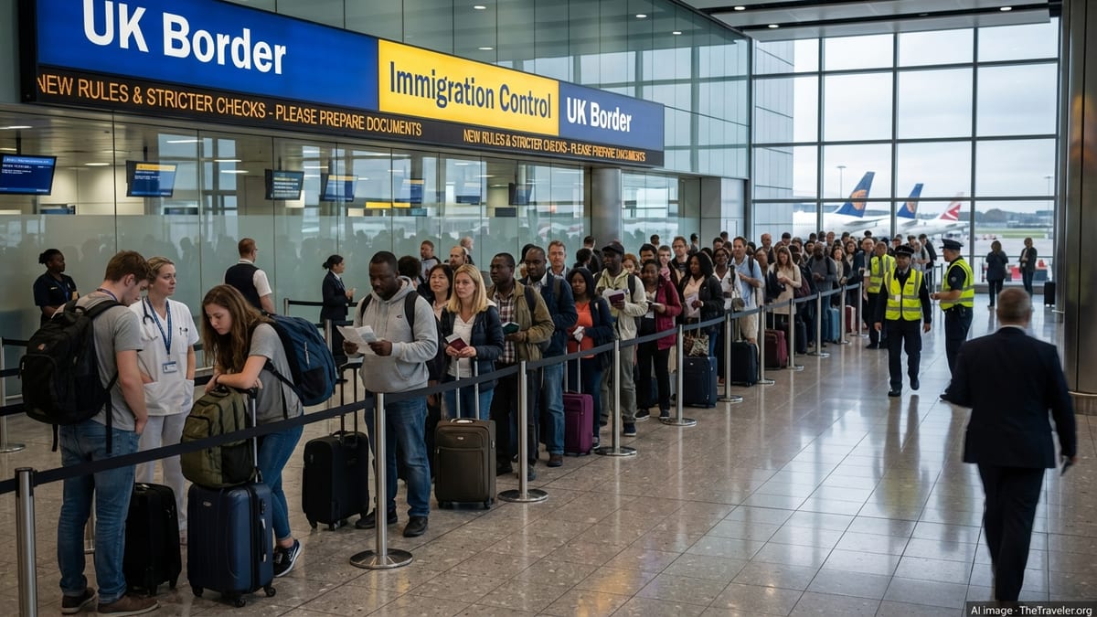 Long immigration queue at a UK airport with diverse international travellers waiting under UK Border signs.