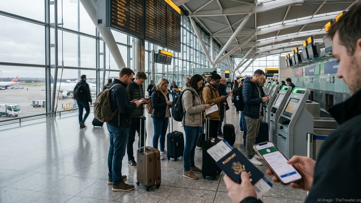 Travellers with passports and phones queue at a UK airport check in area.