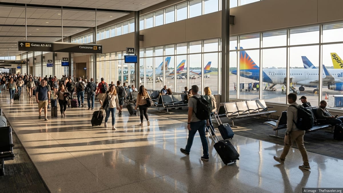Travelers walk through a sunlit U.S. airport concourse as low-cost carrier jets line the gates outside.