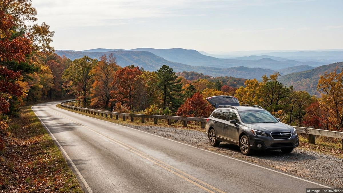 Scenic Arkansas mountain highway overlooking forested ridges in early autumn.