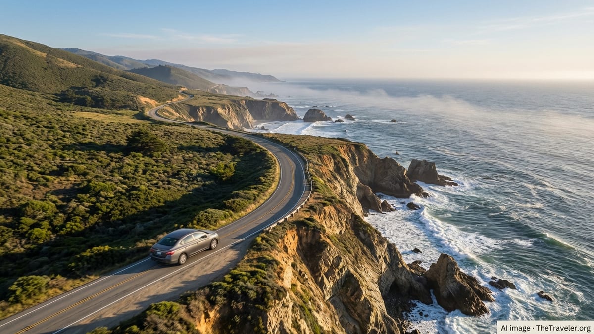 Car driving along California’s Pacific Coast Highway above cliffs and ocean at sunset.