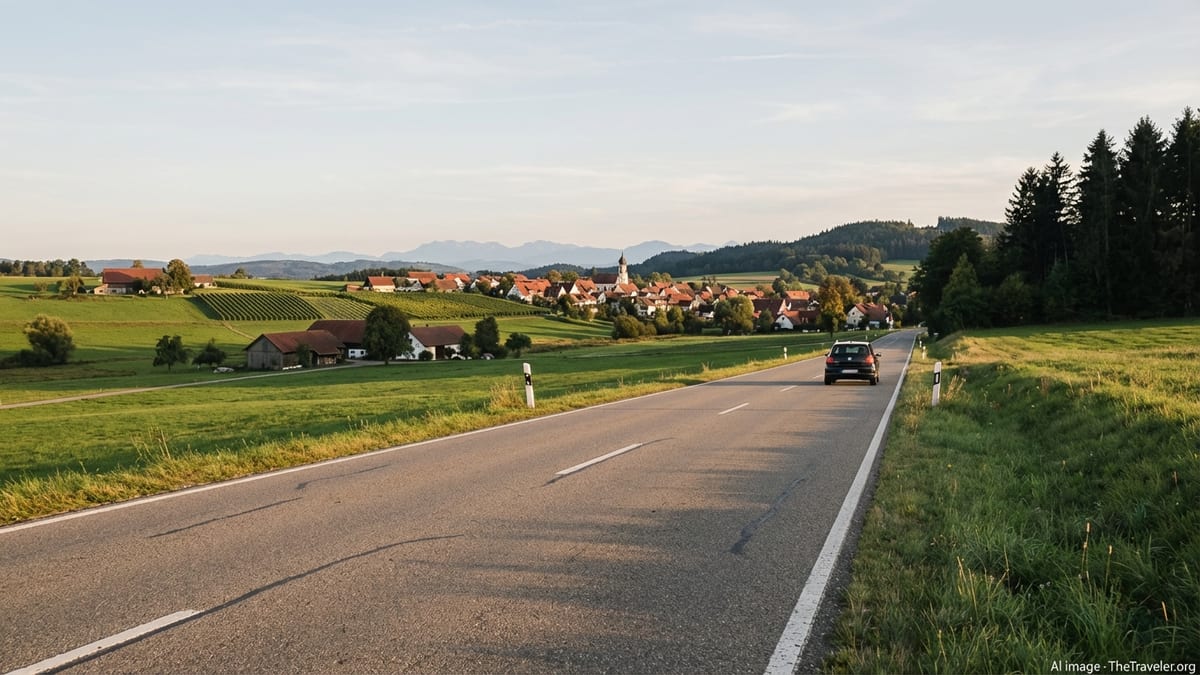 Scenic German country road with a car driving toward a village and distant hills in soft golden light.