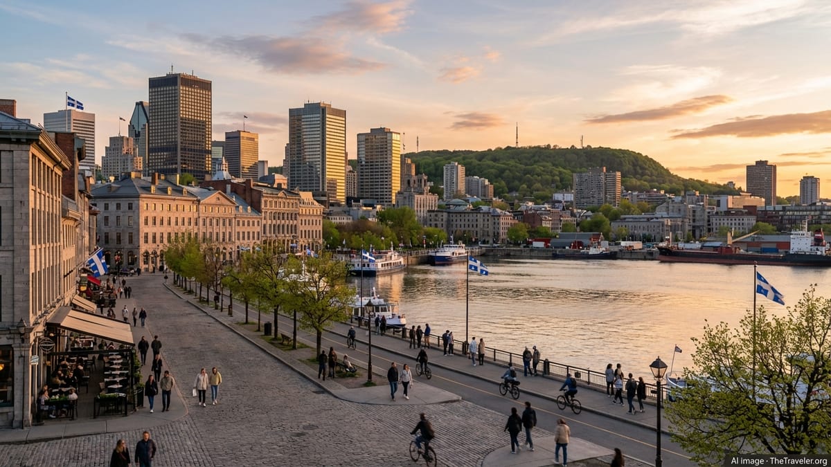 Sunset view over downtown Montreal, Old Port, Mount Royal, and the St. Lawrence River with people walking along historic cobb