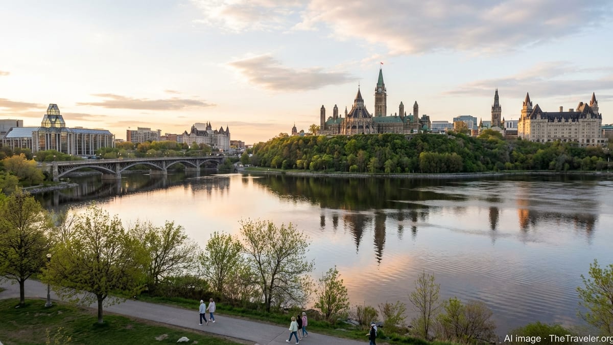 Early evening view of Ottawa’s Parliament Hill and riverfront from a nearby park in spring.