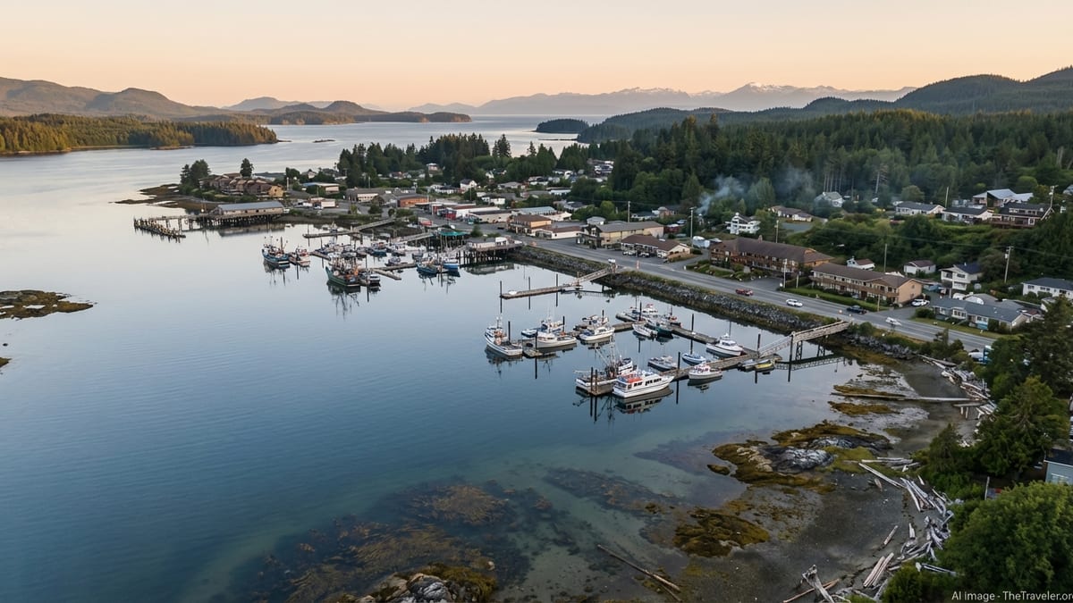 Aerial view of Port Hardy’s harbour and town surrounded by forest and coastal islands at sunset.