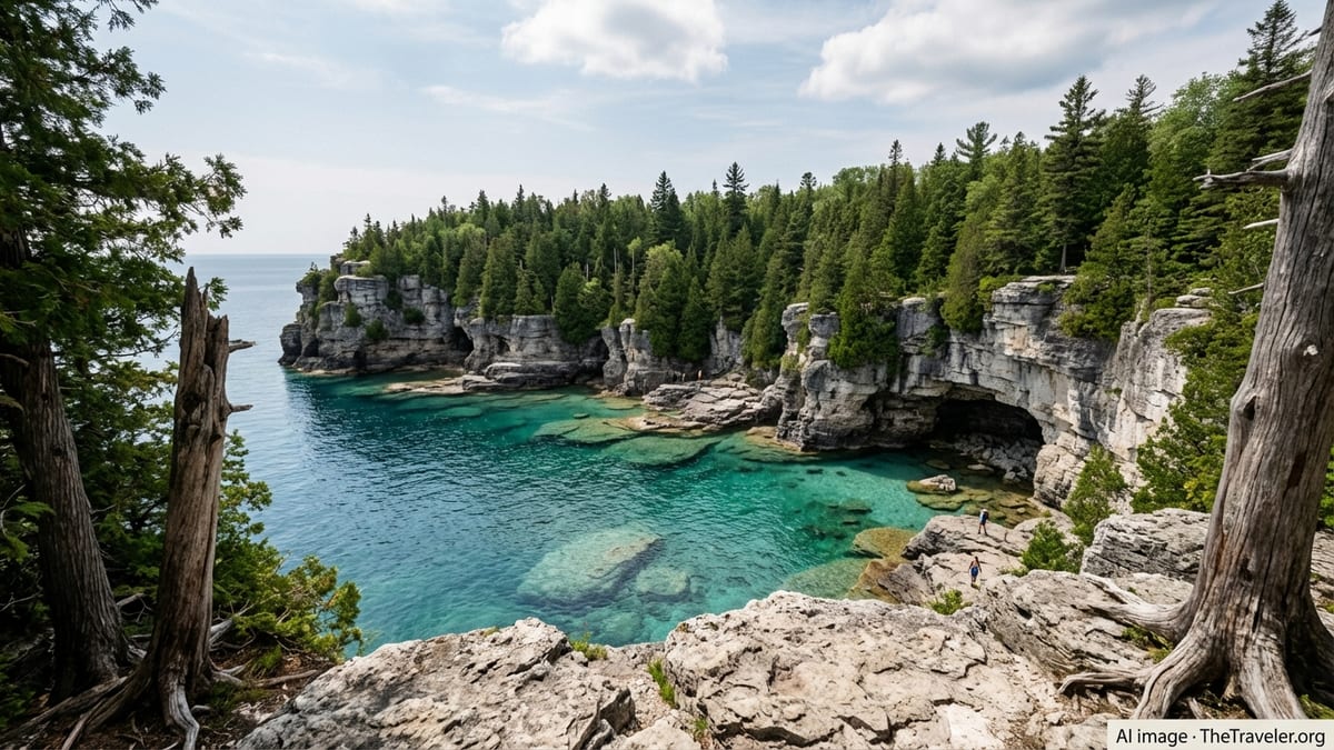Cliff-top view of the Grotto near Tobermory with turquoise water and limestone cliffs.