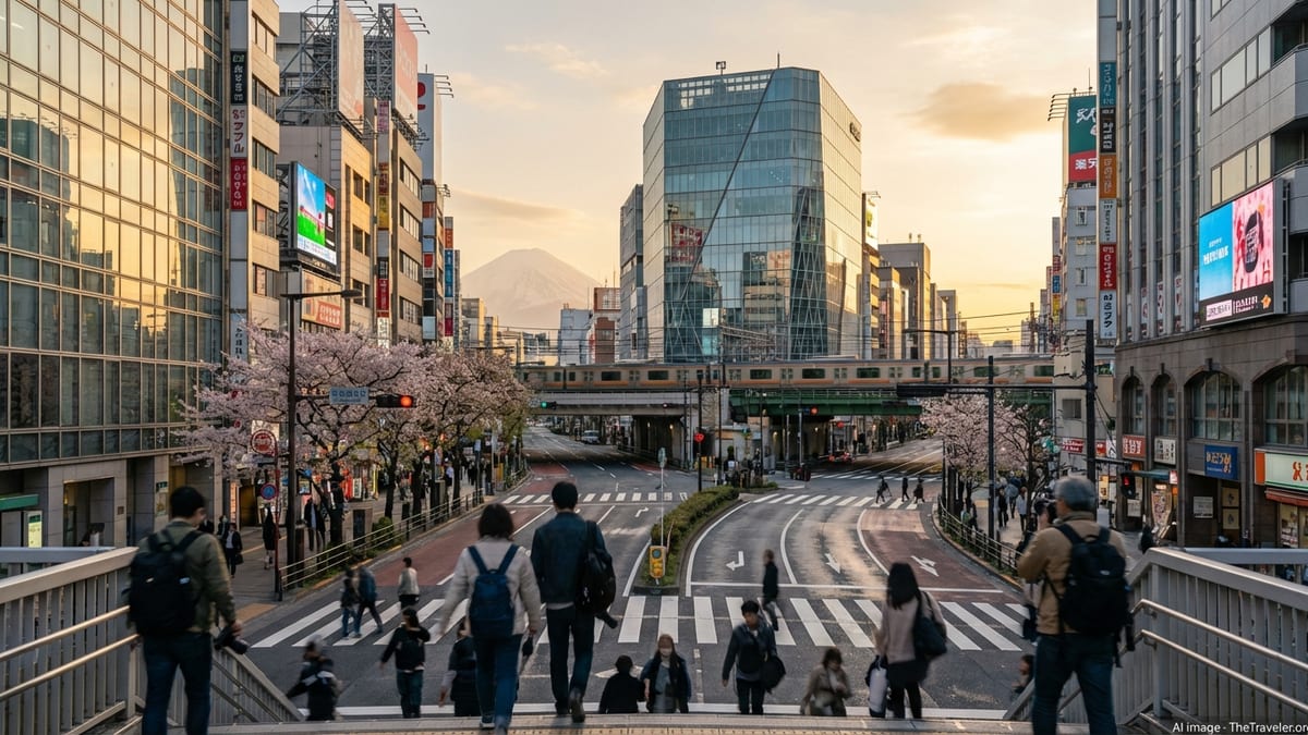 Busy Tokyo crosswalk at sunset with pedestrians, modern buildings and distant Mount Fuji.
