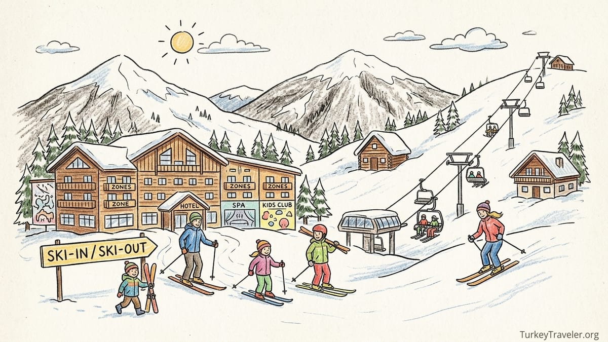 Skiers descending toward slopeside hotels in snowy Uludağ with pine forests and lifts.