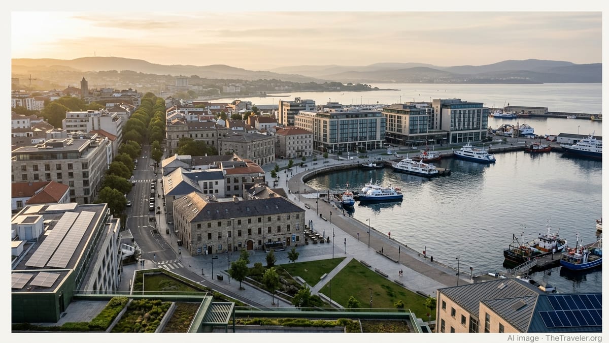 Sunrise over a popular coastal city with harbor, hotels and historic buildings highlighting tourism infrastructure.