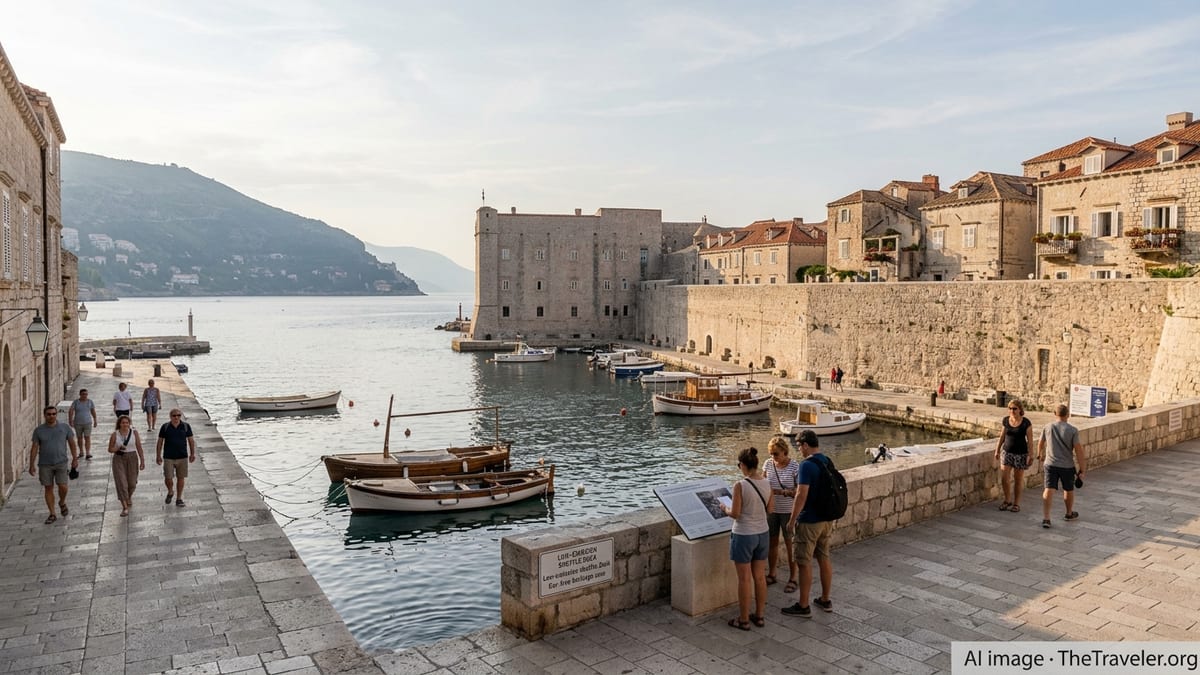 Travelers walk quietly through a coastal UNESCO World Heritage city with managed access and historic buildings at sunrise.