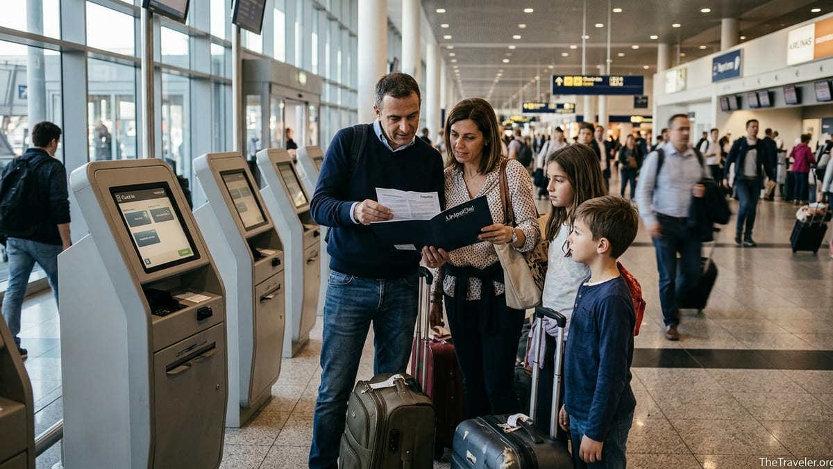 Italian family reviewing travel insurance documents at an airport before an international trip.