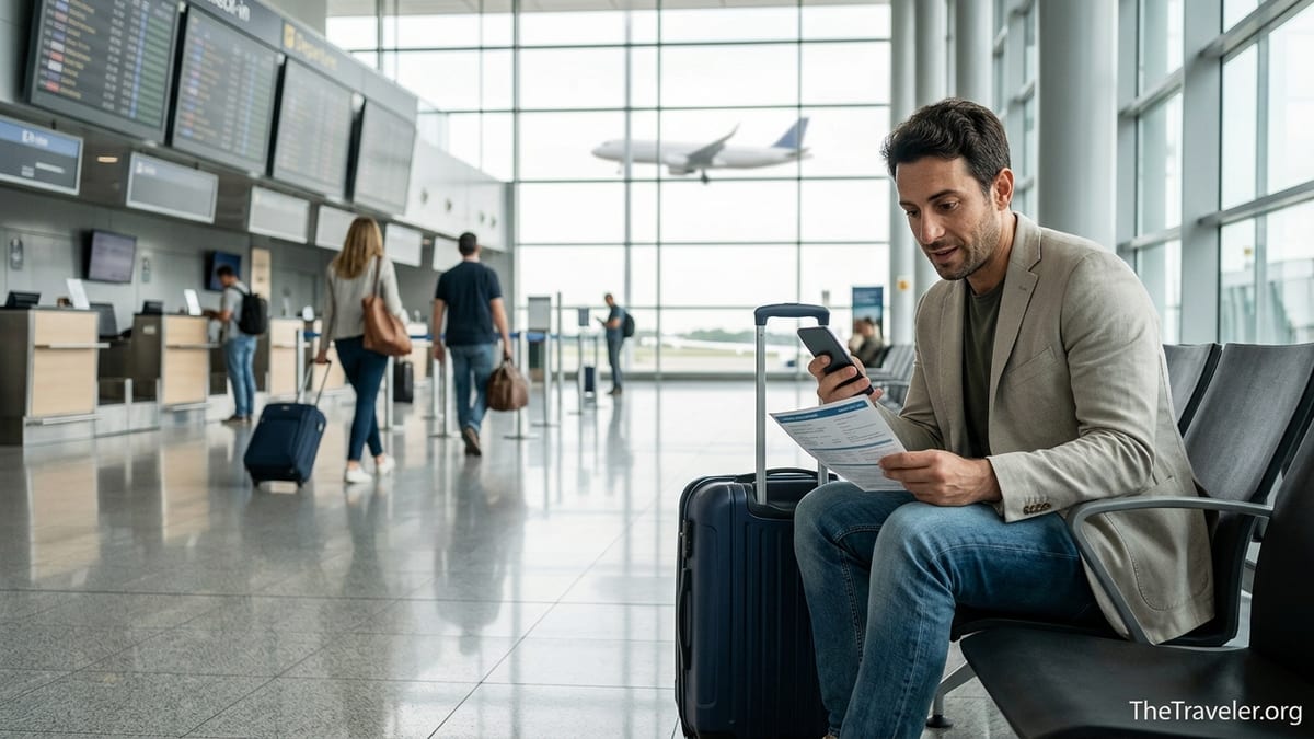 Traveler in a European airport reviewing travel insurance documents beside luggage.