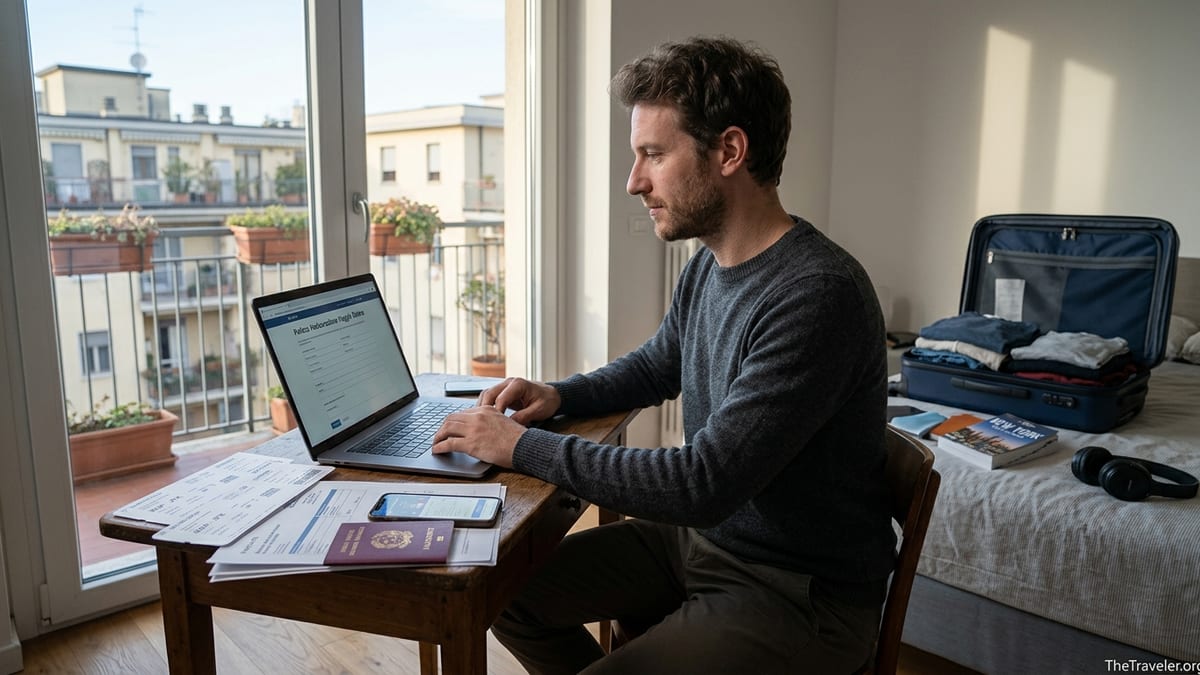 Italian traveler at home comparing travel insurance options before an international trip.