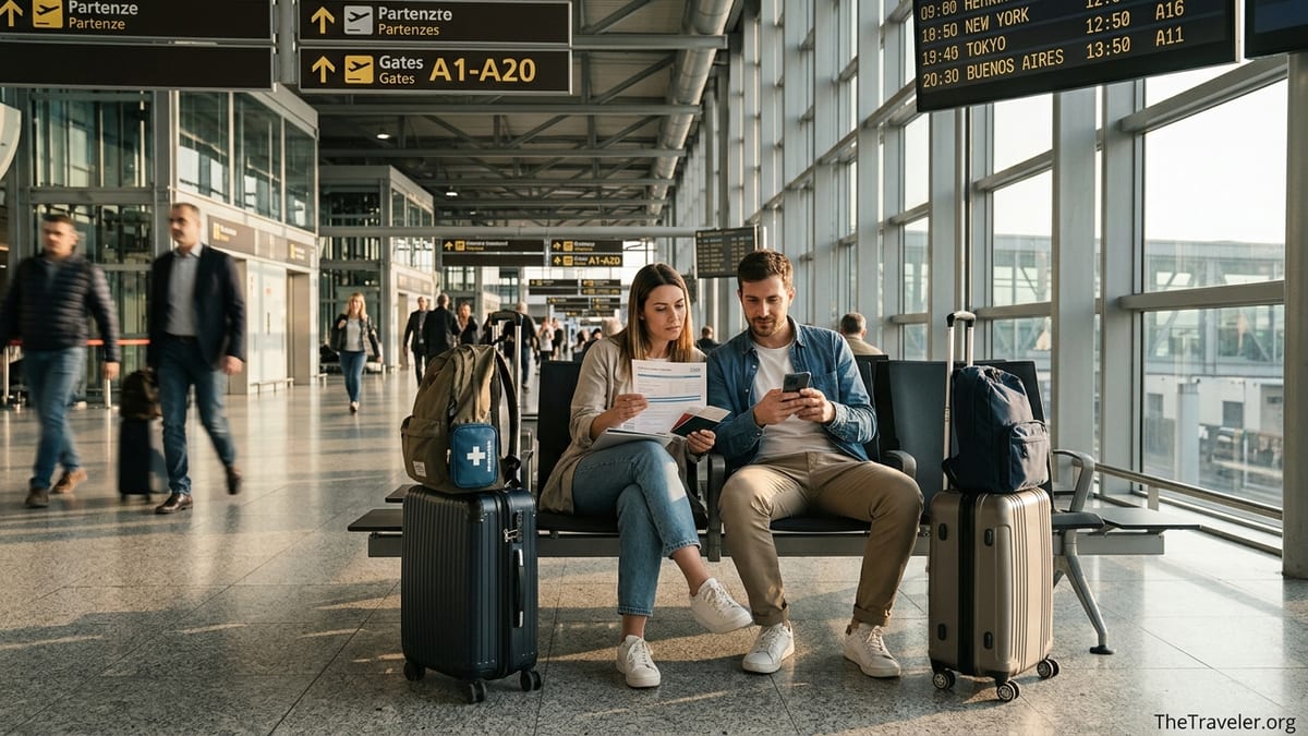 Couple in a bright airport terminal reviewing travel insurance documents before a flight.