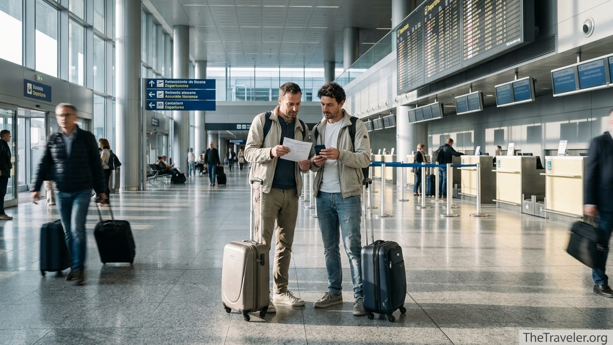 Italian couple reviewing travel insurance at an airport check-in area.