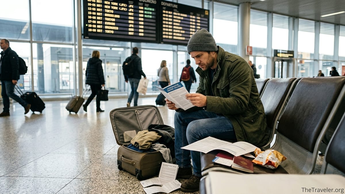 Traveler in Italian airport reading confusing travel insurance documents before boarding.