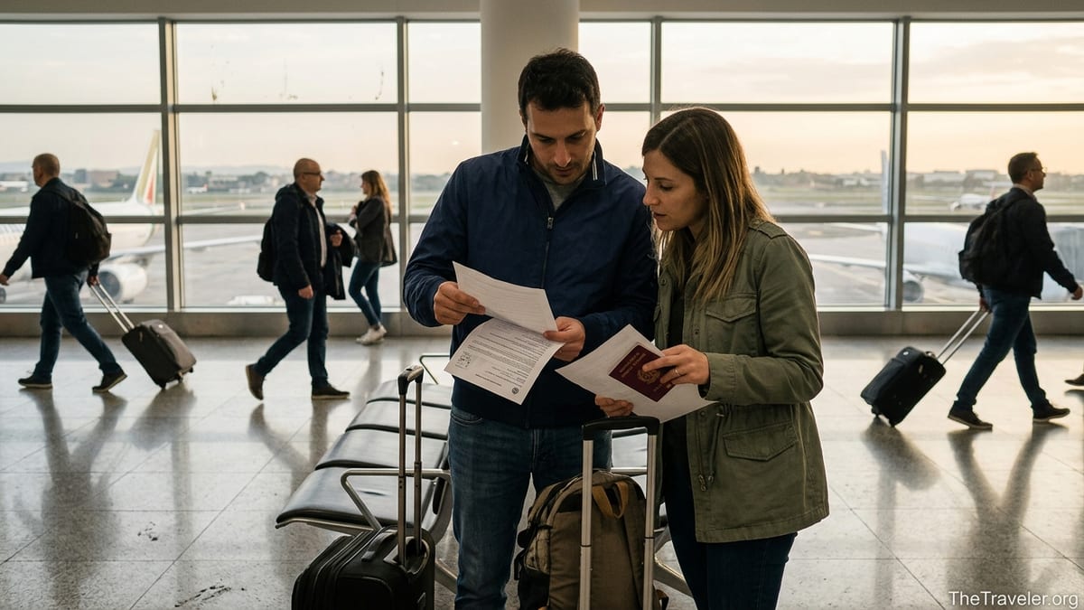 Italian travelers reviewing travel insurance documents in a Rome airport departures hall.