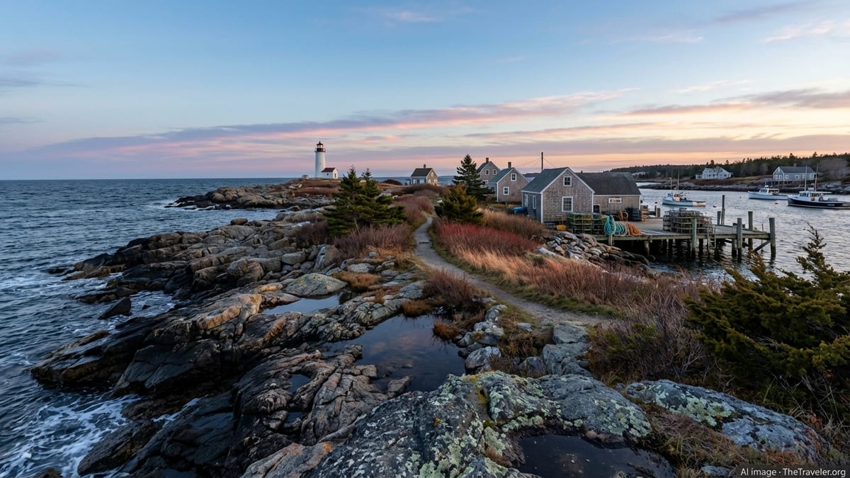 Rocky New England shoreline at dusk with lighthouse, tide pools, and working pier.