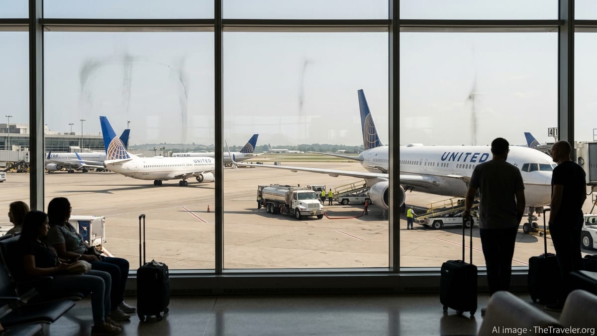 Travelers watch United jets on a busy summer tarmac as ground crews service fuel and baggage.
