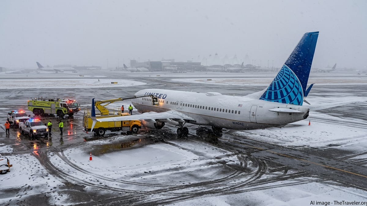 United Boeing 737 on a snowy Denver de-icing pad beside a de-icing truck and emergency vehicles.