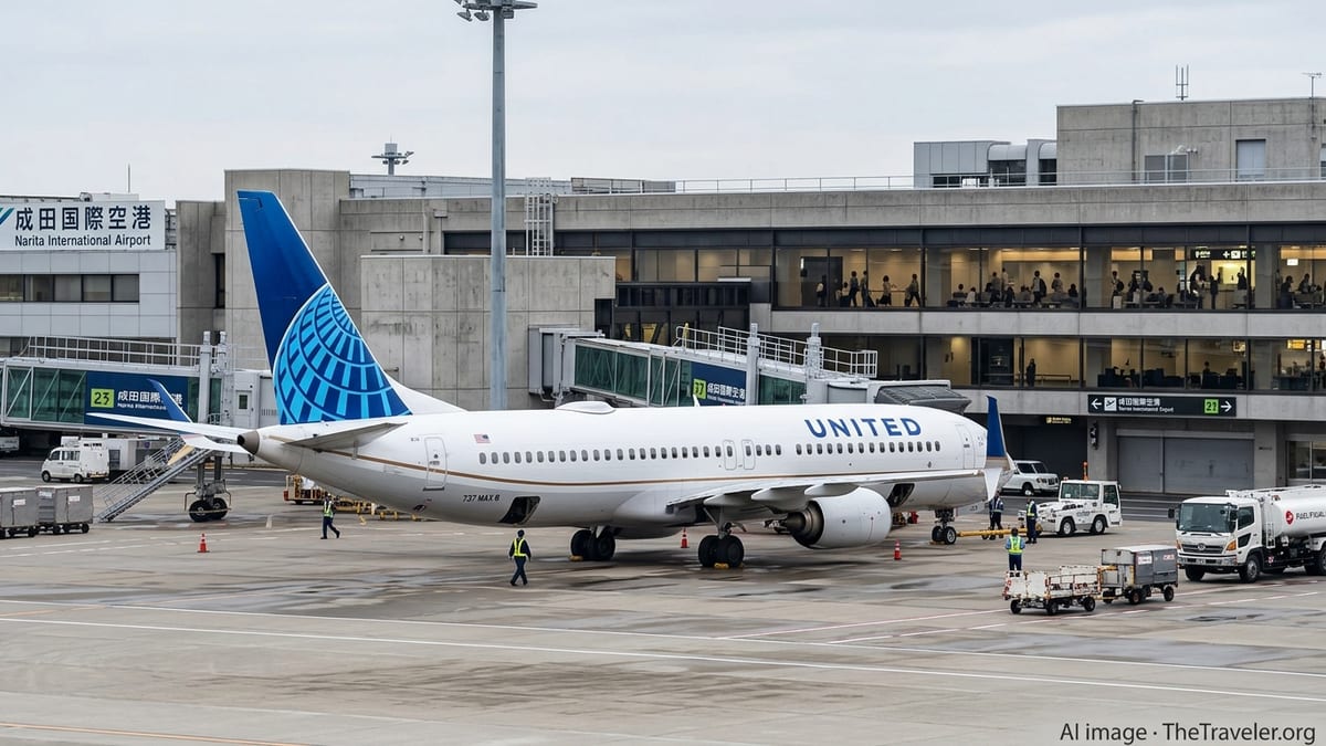 United Boeing 737 MAX 8 at a gate at Tokyo Narita Airport on a cloudy morning.