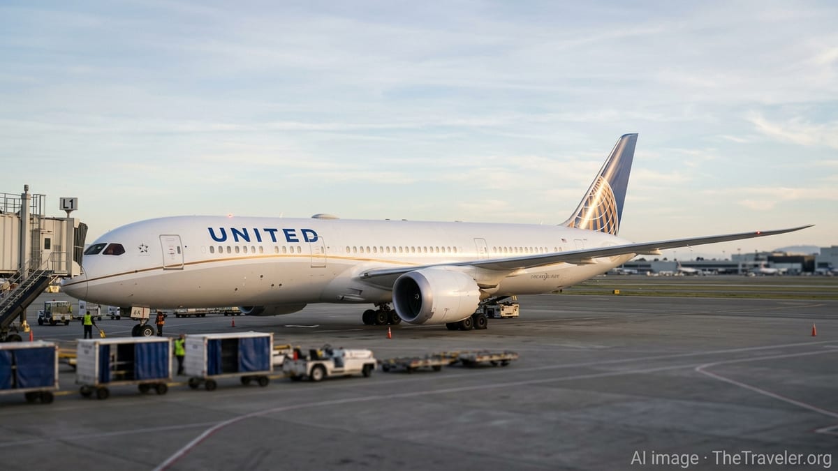 United Boeing 787-9 Dreamliner in afternoon light at a San Francisco gate.