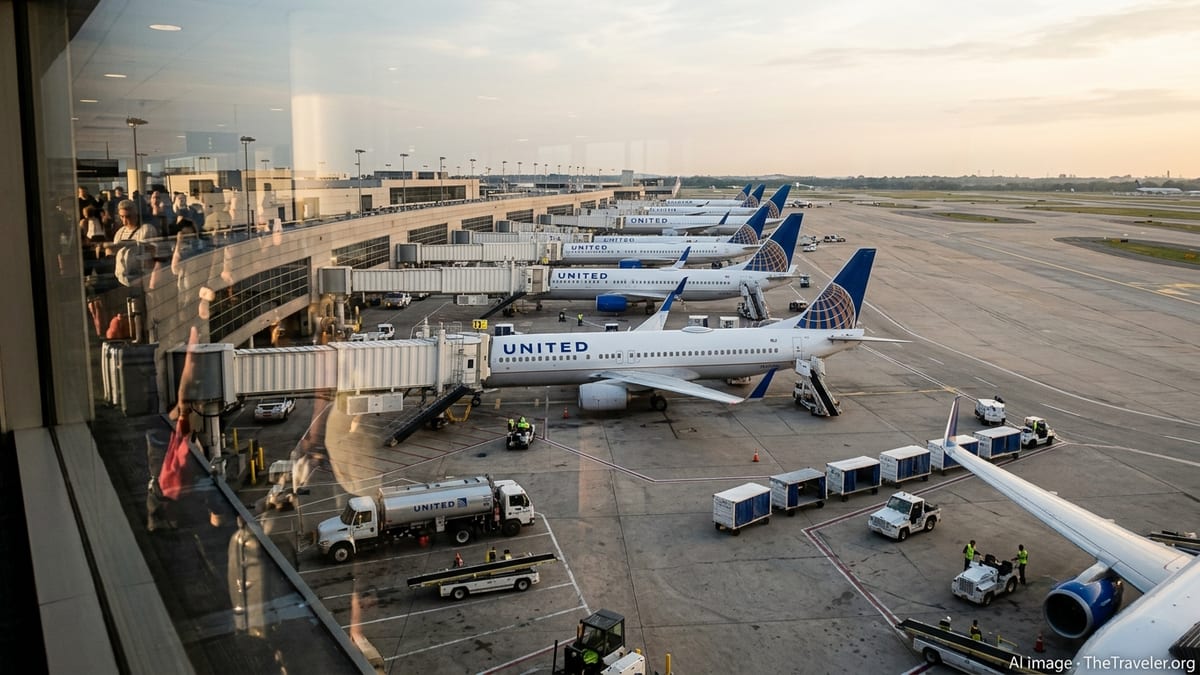 United jetliners at sunset at a busy U.S. hub as ground crews work on the ramp.