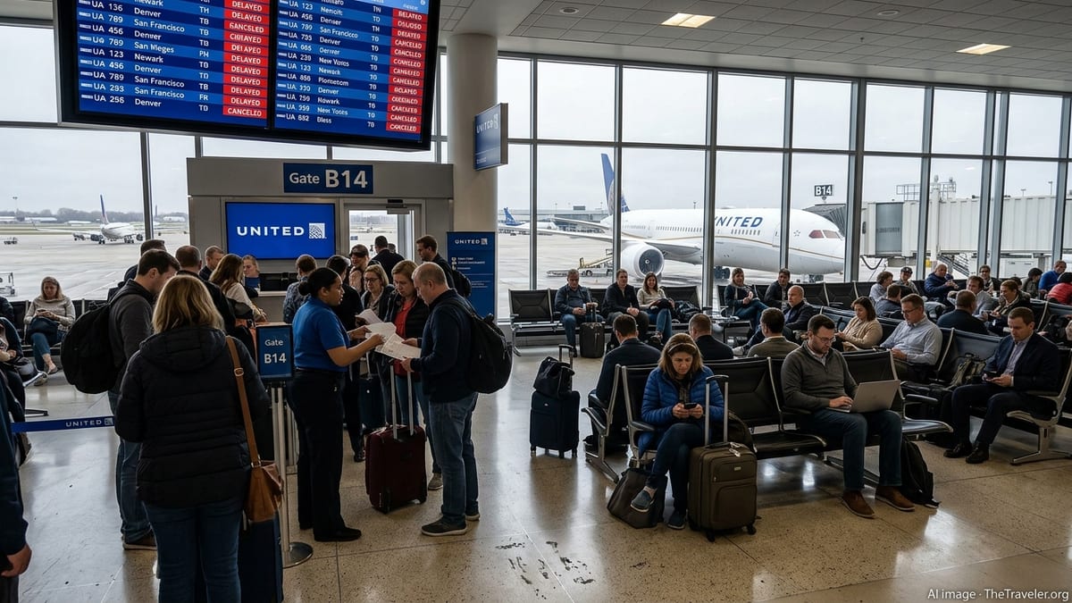 Travelers wait at a busy United Airlines gate as departure boards show disrupted flights.