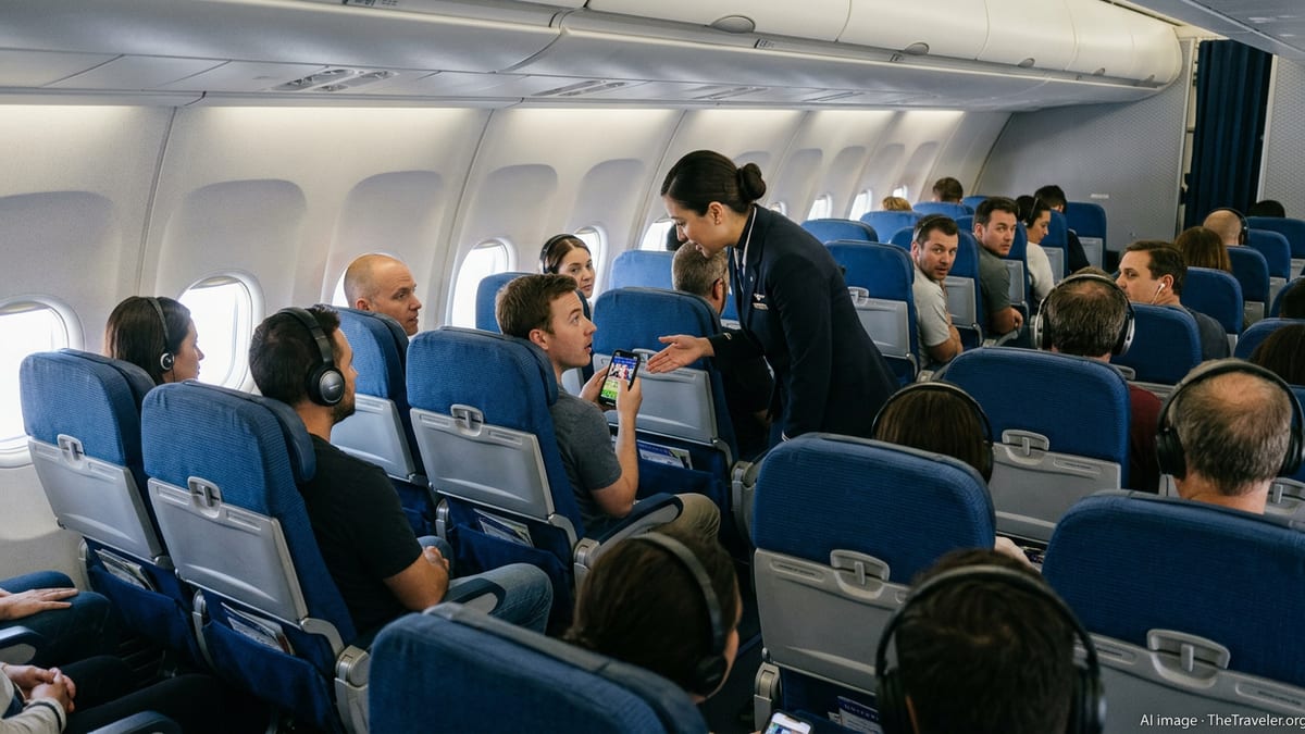 Flight attendant reminds United Airlines passenger to use headphones for phone audio in a crowded economy cabin.