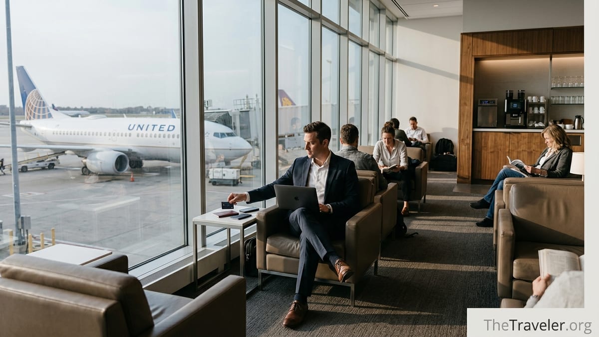 Traveler placing a United Club Infinite credit card on a table inside a busy airport United Club lounge.