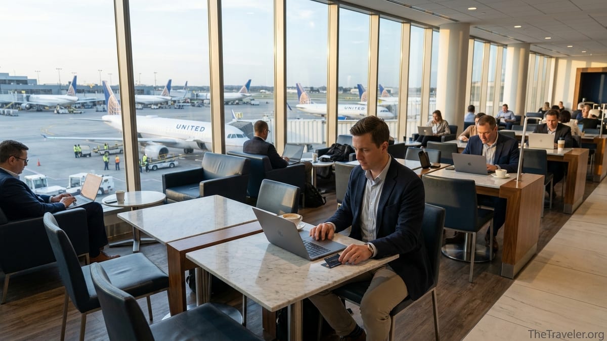 Frequent flyer working in a busy United Club lounge overlooking United planes at sunset.