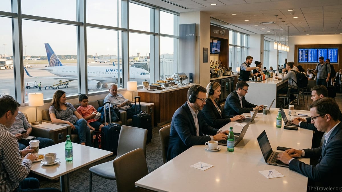 Travelers relaxing and working inside a busy United Club airport lounge.