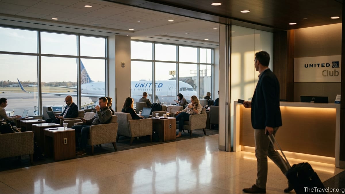 Traveler holding a card walks into a United Club lounge overlooking a United aircraft at the gate.