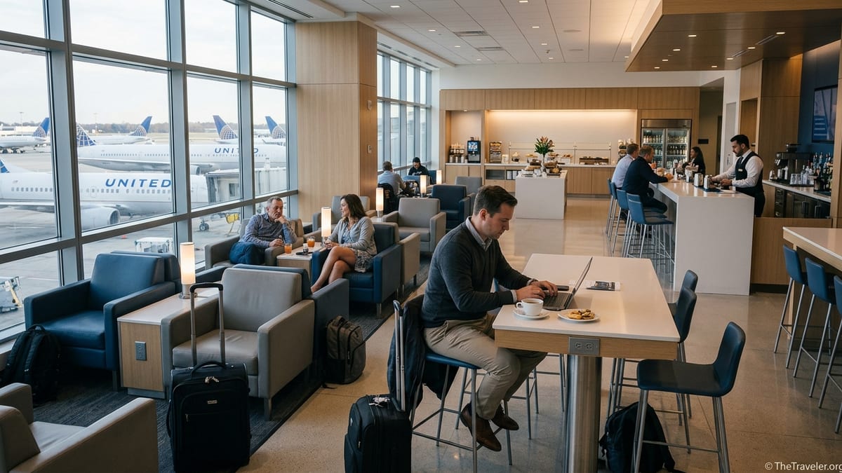 Business travelers working and relaxing inside a modern United Club lounge with United planes visible outside large windows.