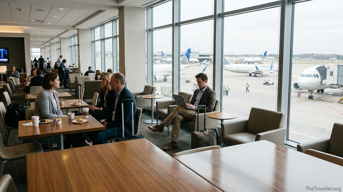 Business travelers working inside a United Club lounge overlooking United planes on the tarmac.