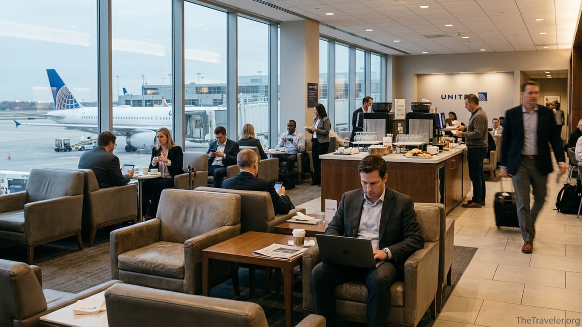 Travelers working and relaxing inside a busy United Club airport lounge at dusk