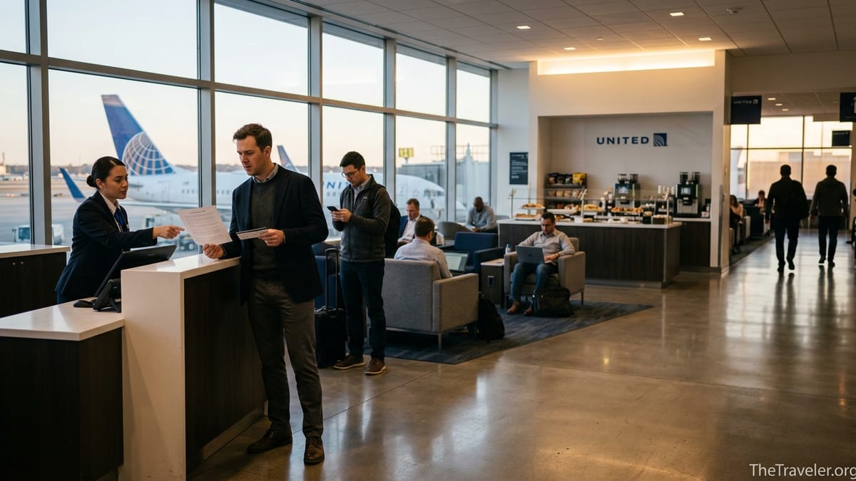 Traveler speaking with agent at United Club reception desk in a busy airport lounge.