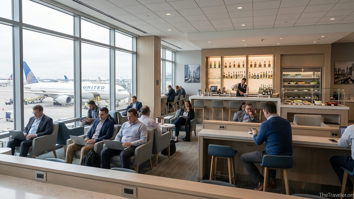 Business travelers working and relaxing inside a modern United Club lounge with runway views.