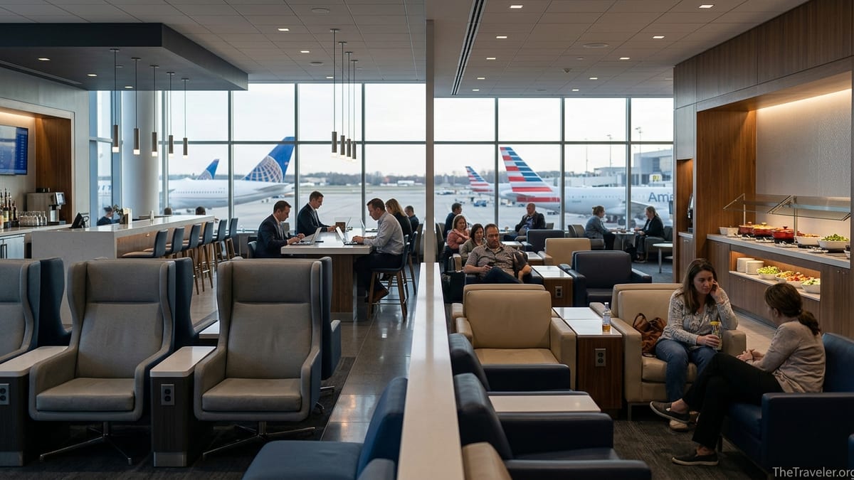 Modern airport lounge with United and American aircraft visible through large windows.