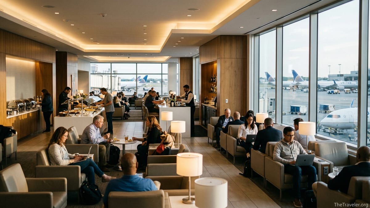 Travelers relaxing and working inside a modern United Club lounge with runway views.