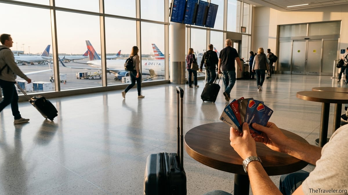 Traveler comparing airline credit cards at an airport with United and other jets outside.